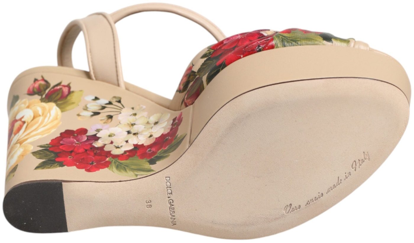 Dolce & Gabbana Beige Floral Ankle Strap Wedge Sandals Shoes
