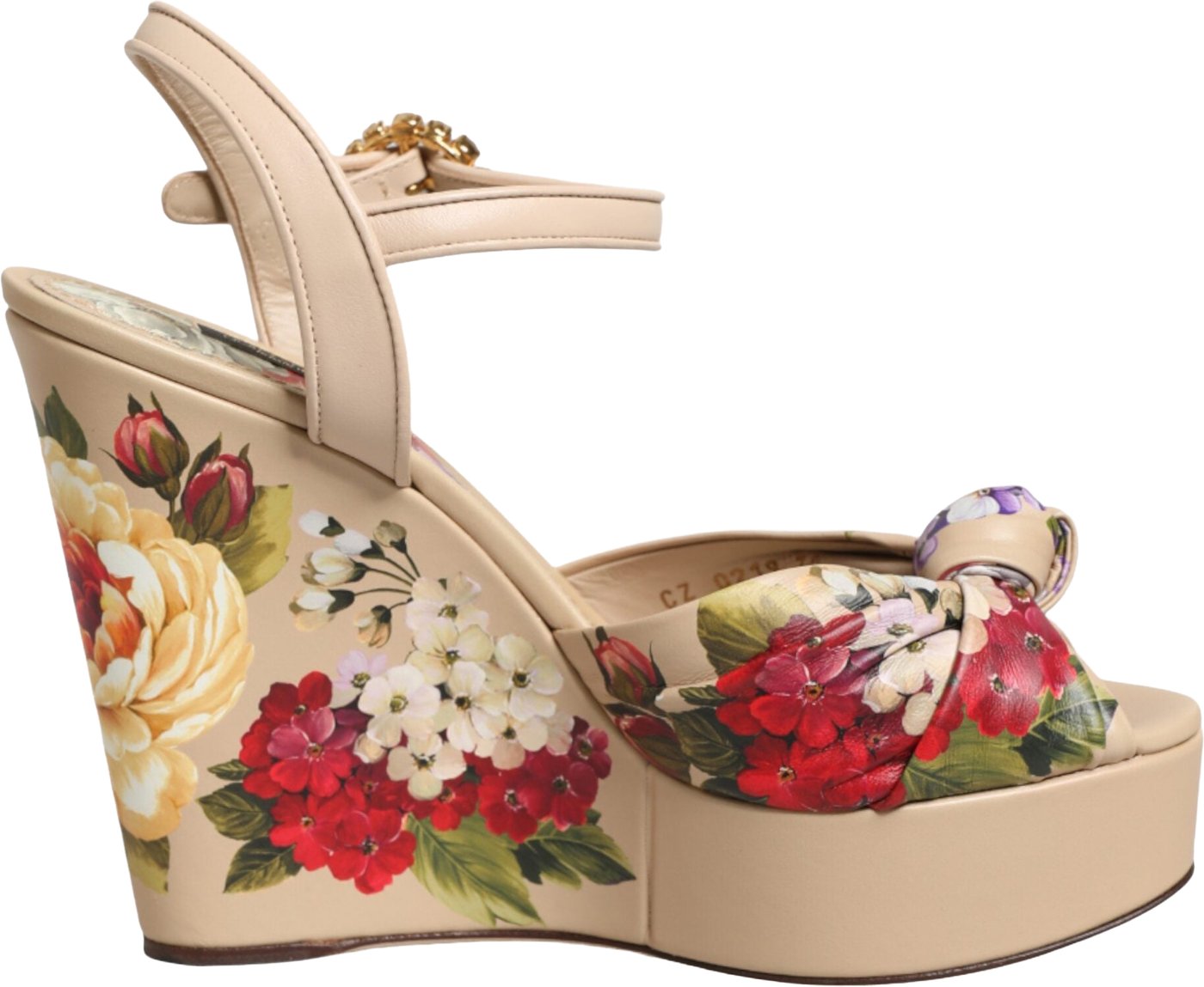Dolce & Gabbana Beige Floral Ankle Strap Wedge Sandals Shoes