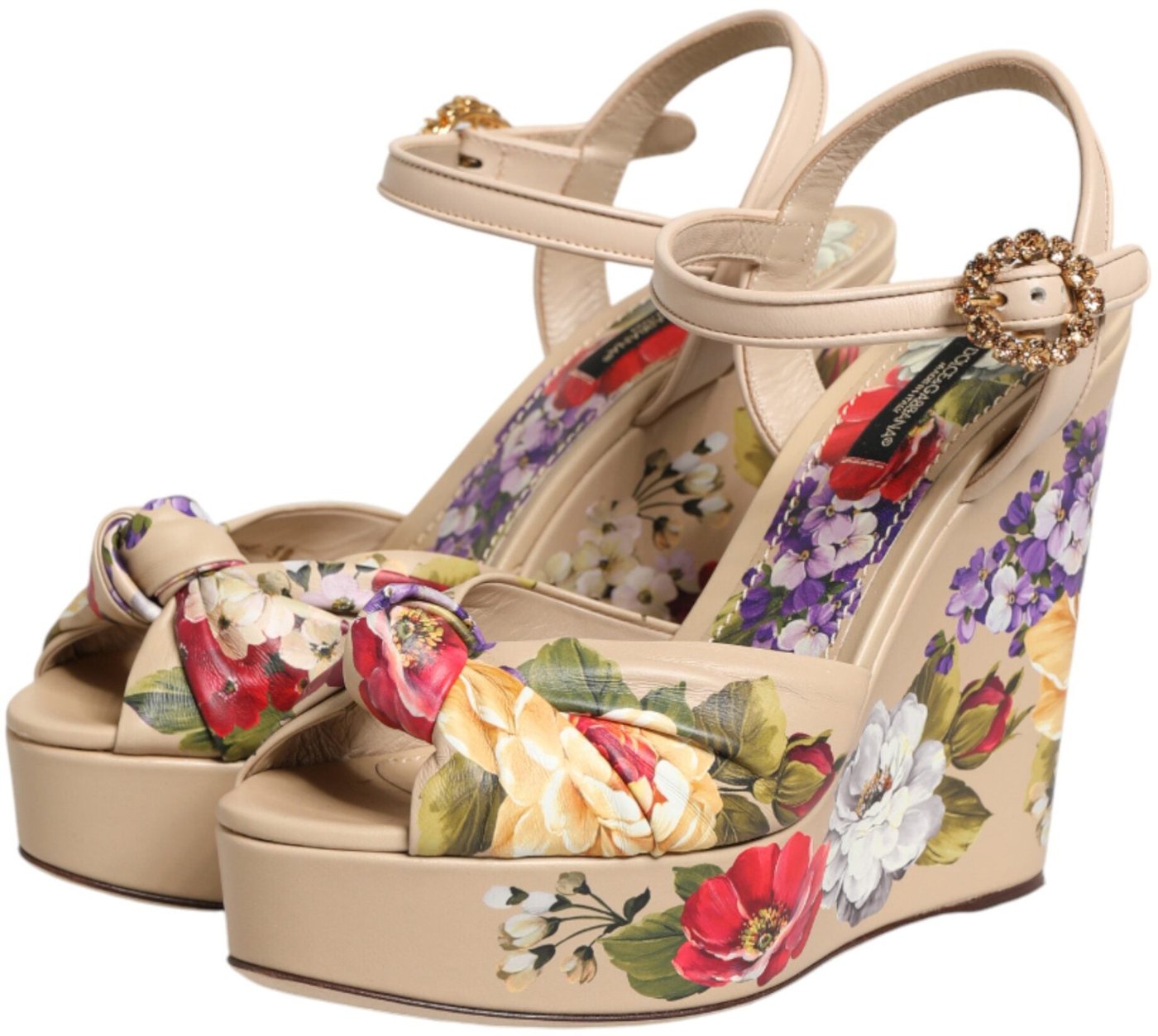 Dolce & Gabbana Beige Floral Ankle Strap Wedge Sandals Shoes