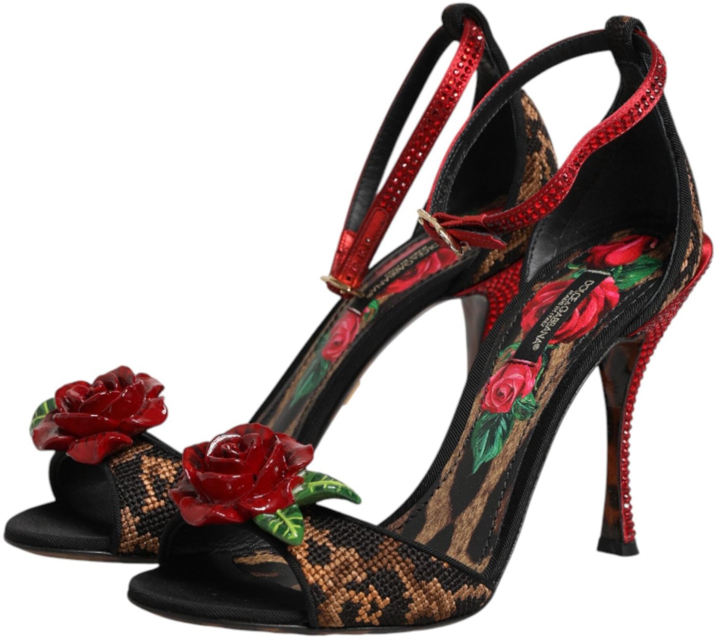 Dolce & Gabbana Brown Leopard Crystal Roses Sandals Shoes