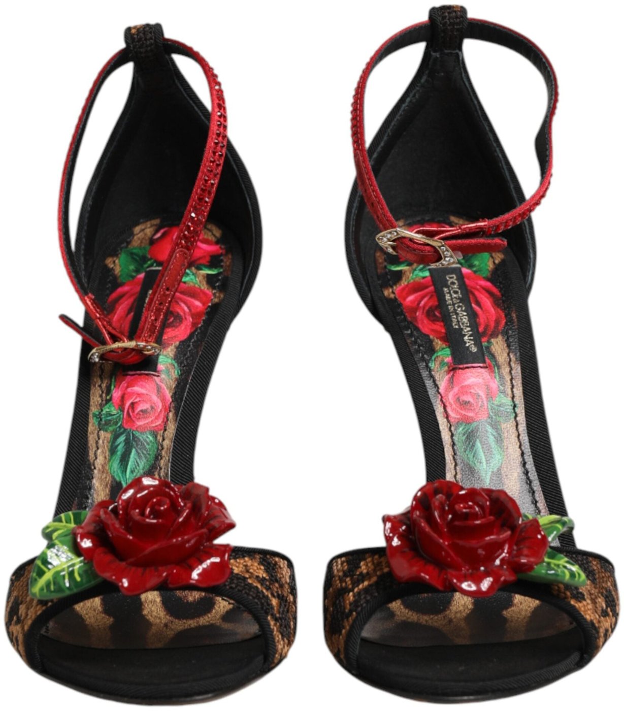 Dolce & Gabbana Brown Leopard Crystal Roses Sandals Shoes