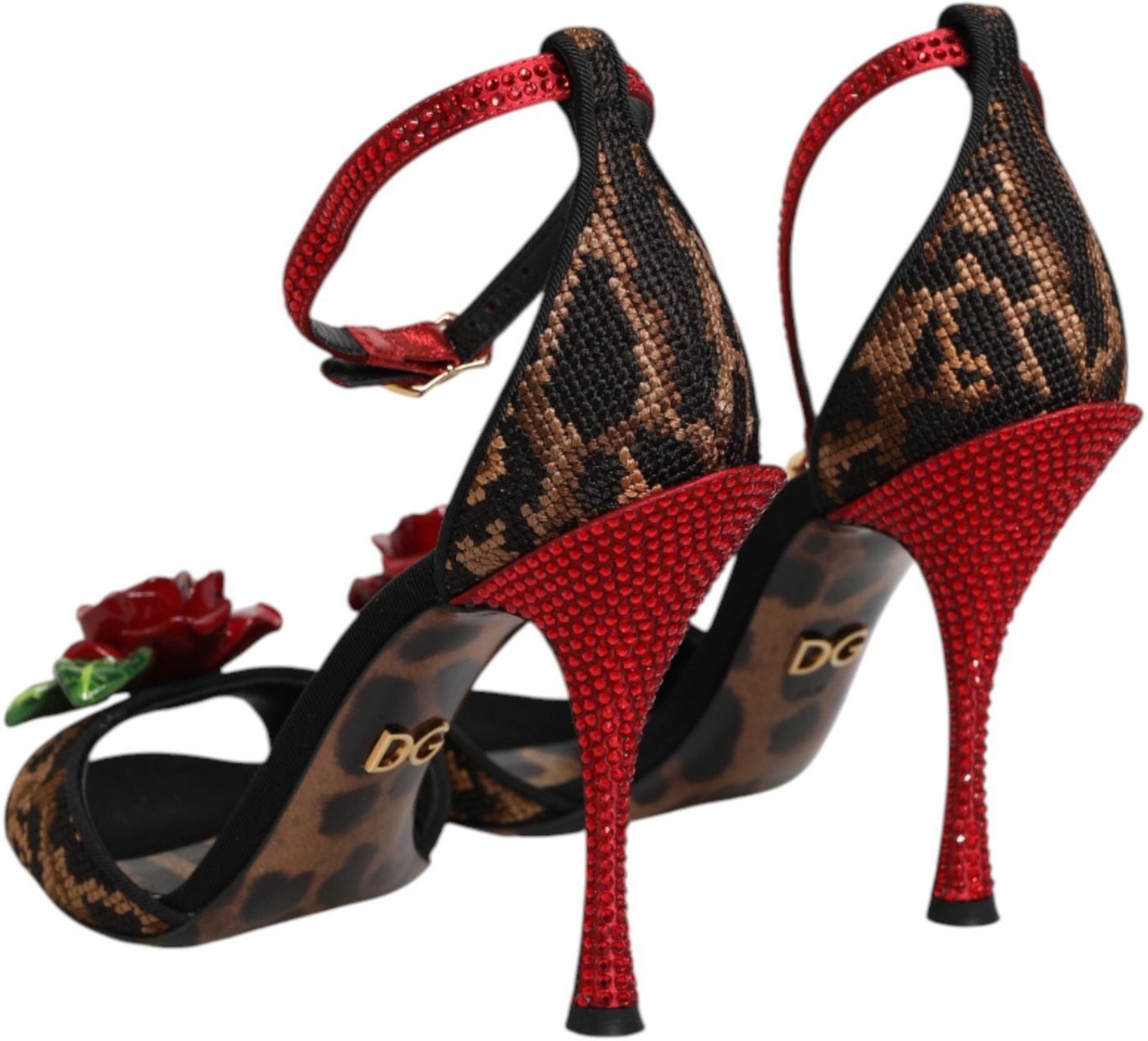 Dolce & Gabbana Brown Leopard Crystal Roses Sandals Shoes