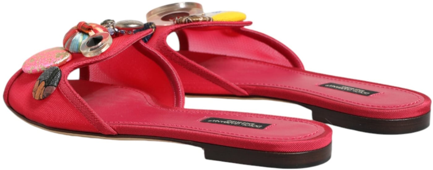 Dolce & Gabbana Red Embellished Flats Slip On Sandals Shoes