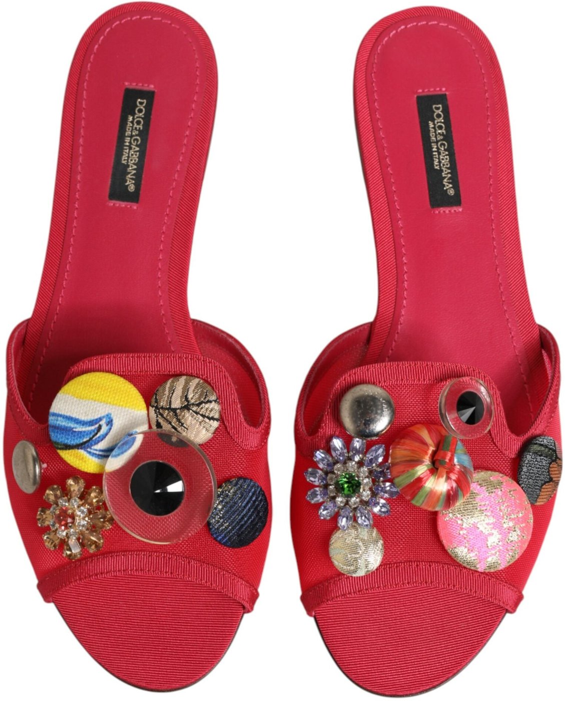 Dolce & Gabbana Red Embellished Flats Slip On Sandals Shoes