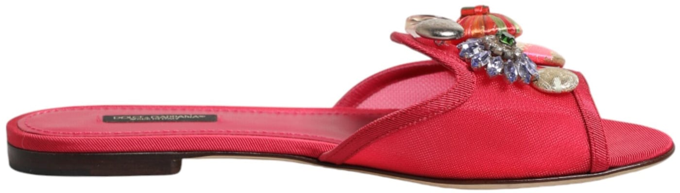 Dolce & Gabbana Red Embellished Flats Slip On Sandals Shoes
