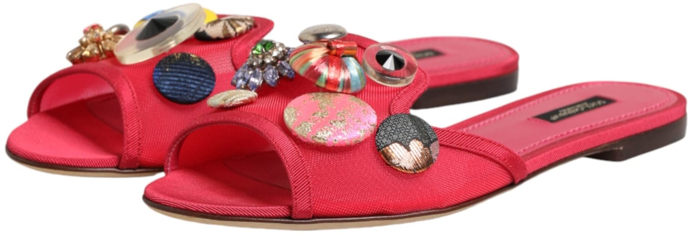Dolce & Gabbana Red Embellished Flats Slip On Sandals Shoes