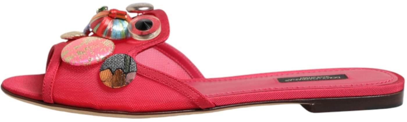 Dolce & Gabbana Red Embellished Flats Slip On Sandals Shoes
