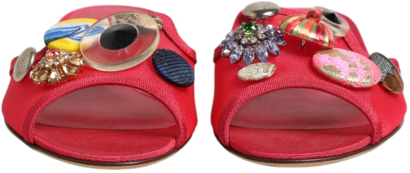 Dolce & Gabbana Red Embellished Flats Slip On Sandals Shoes