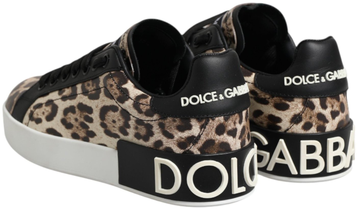 Dolce & Gabbana Brown Leather Leopard Low Top Sneakers Shoes