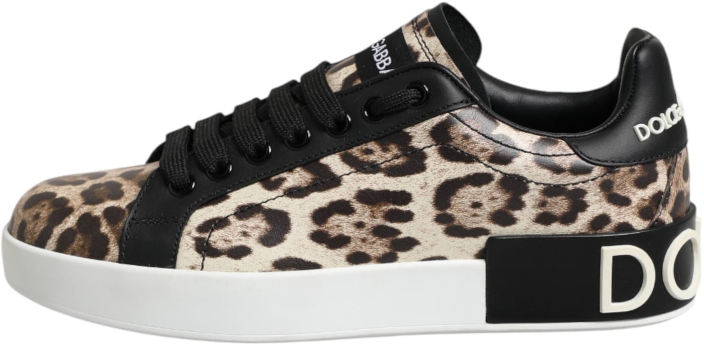 Dolce & Gabbana Brown Leather Leopard Low Top Sneakers Shoes