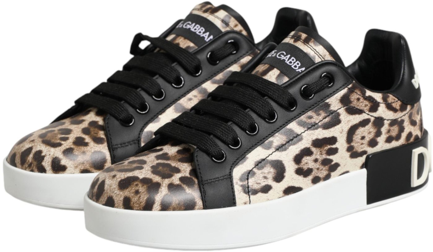 Dolce & Gabbana Brown Leather Leopard Low Top Sneakers Shoes