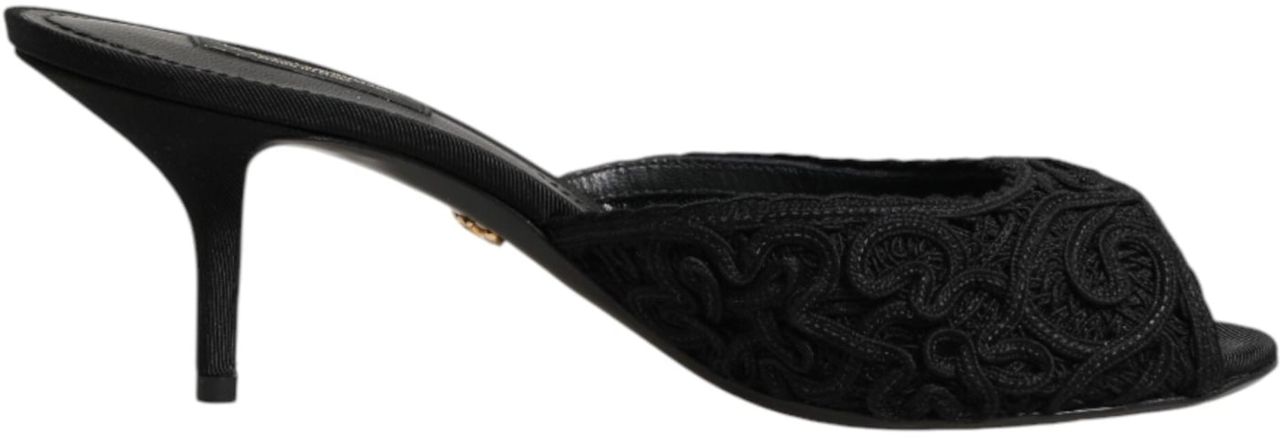 Dolce & Gabbana Black Embroidered Slip On Heels Slides Shoes