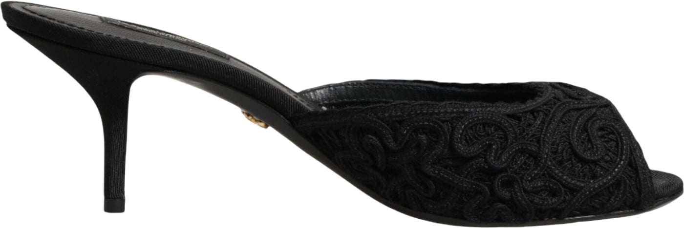 Dolce & Gabbana Black Embroidered Slip On Heels Slides Shoes