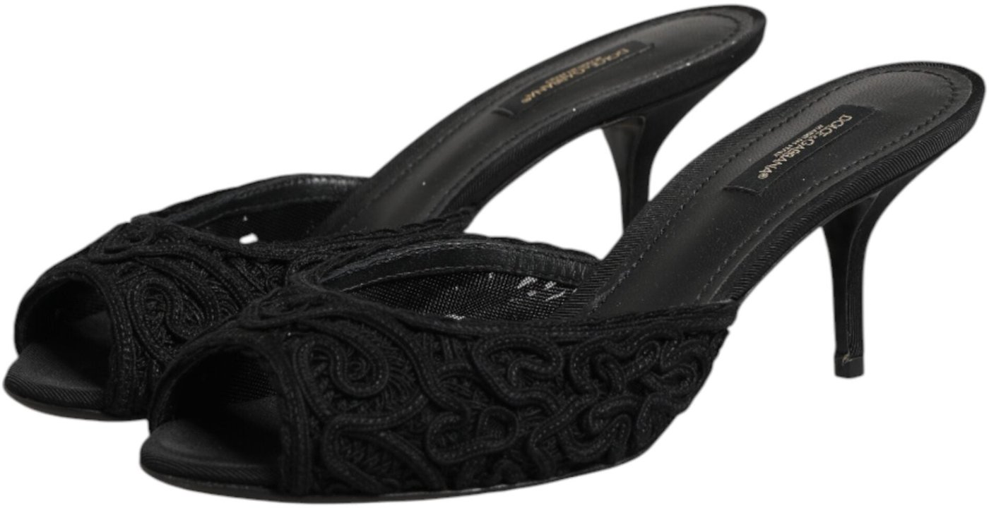 Dolce & Gabbana Black Embroidered Slip On Heels Slides Shoes