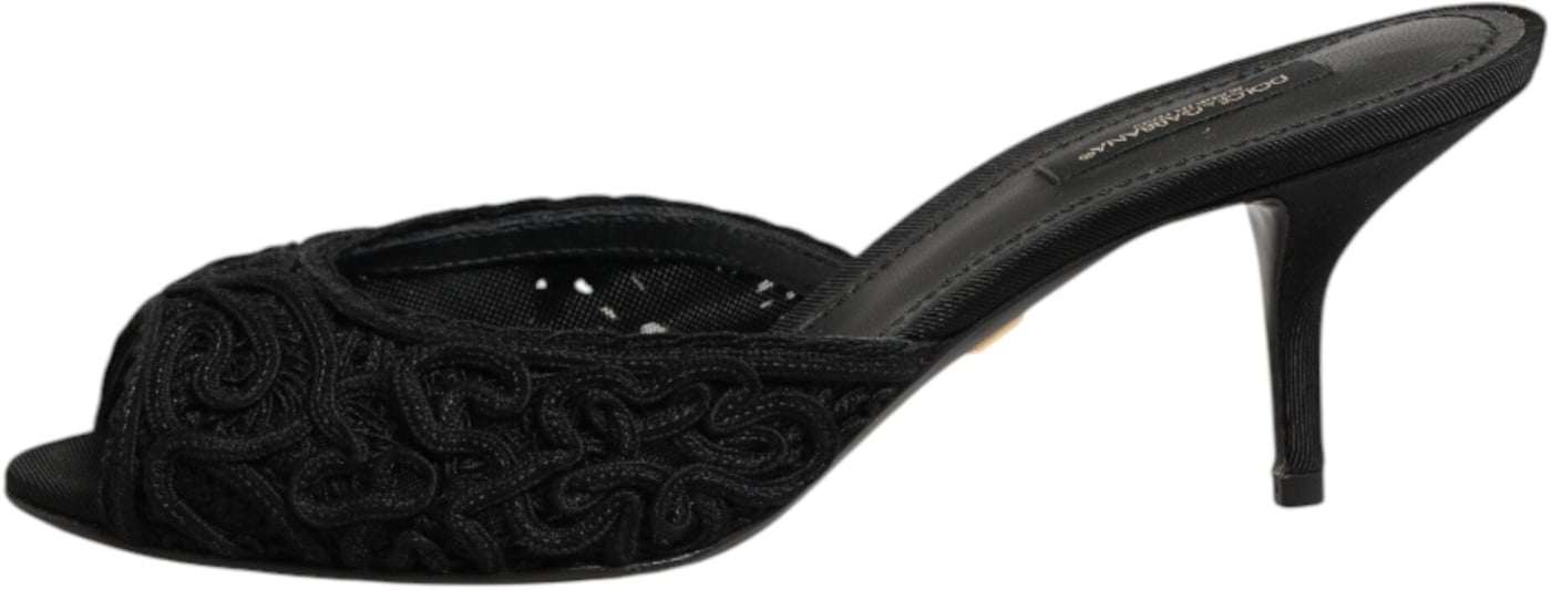 Dolce & Gabbana Black Embroidered Slip On Heels Slides Shoes