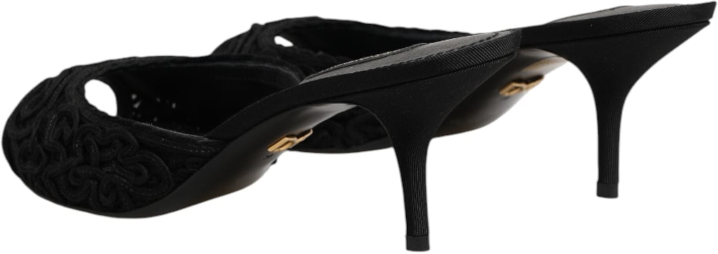 Dolce & Gabbana Black Embroidered Slip On Heels Slides Shoes