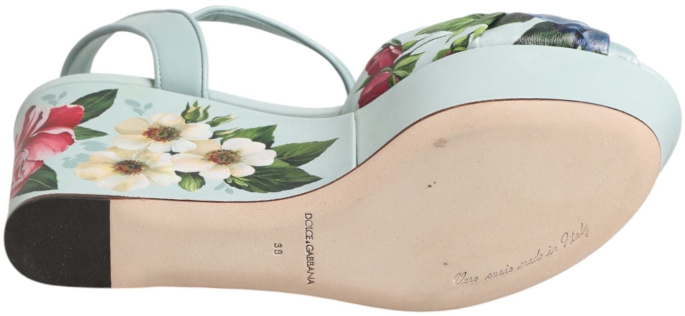 Dolce & Gabbana Green Floral Ankle Strap Wedge Sandals Shoes