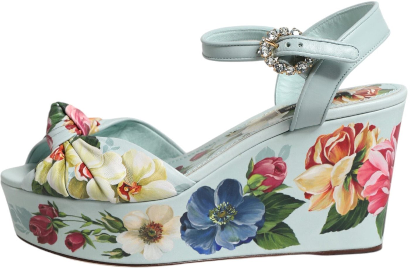 Dolce & Gabbana Green Floral Ankle Strap Wedge Sandals Shoes