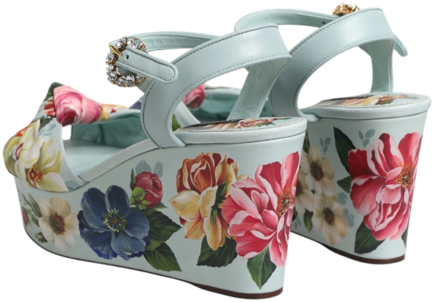 Dolce & Gabbana Green Floral Ankle Strap Wedge Sandals Shoes