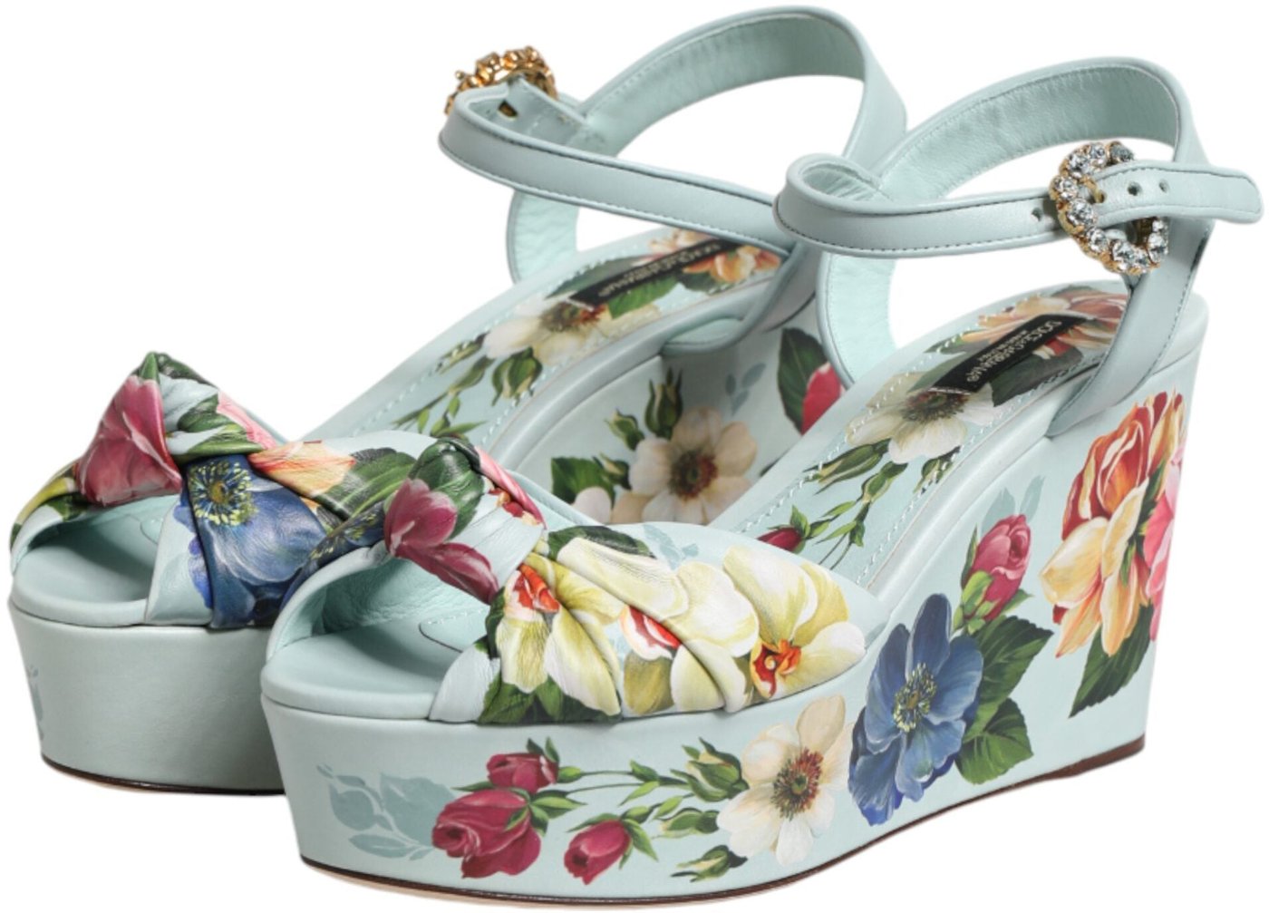 Dolce & Gabbana Green Floral Ankle Strap Wedge Sandals Shoes