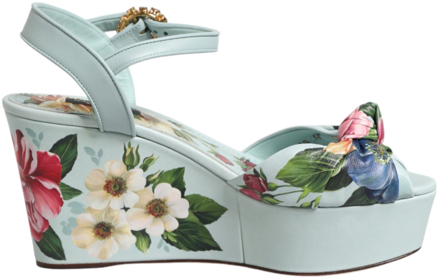 Dolce & Gabbana Green Floral Ankle Strap Wedge Sandals Shoes
