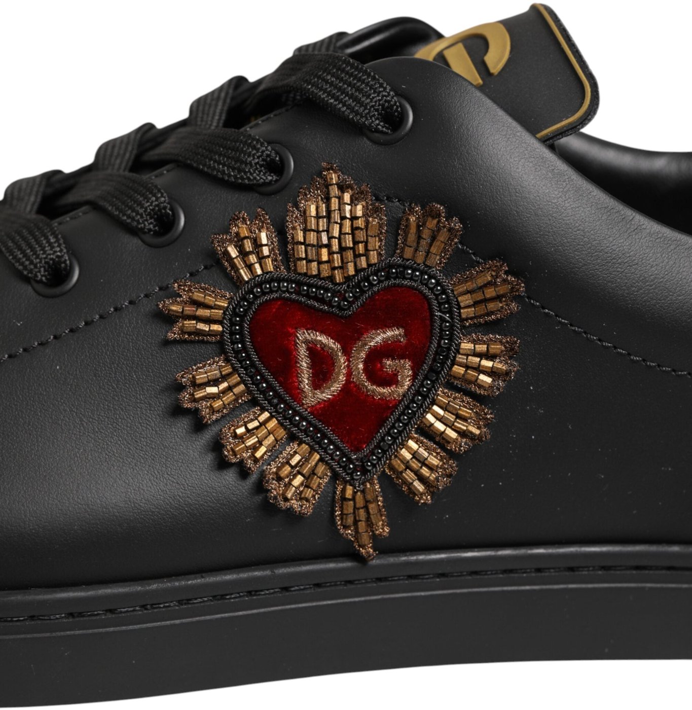 Dolce & Gabbana Black Leather Heart Embellished Sneakers Shoes