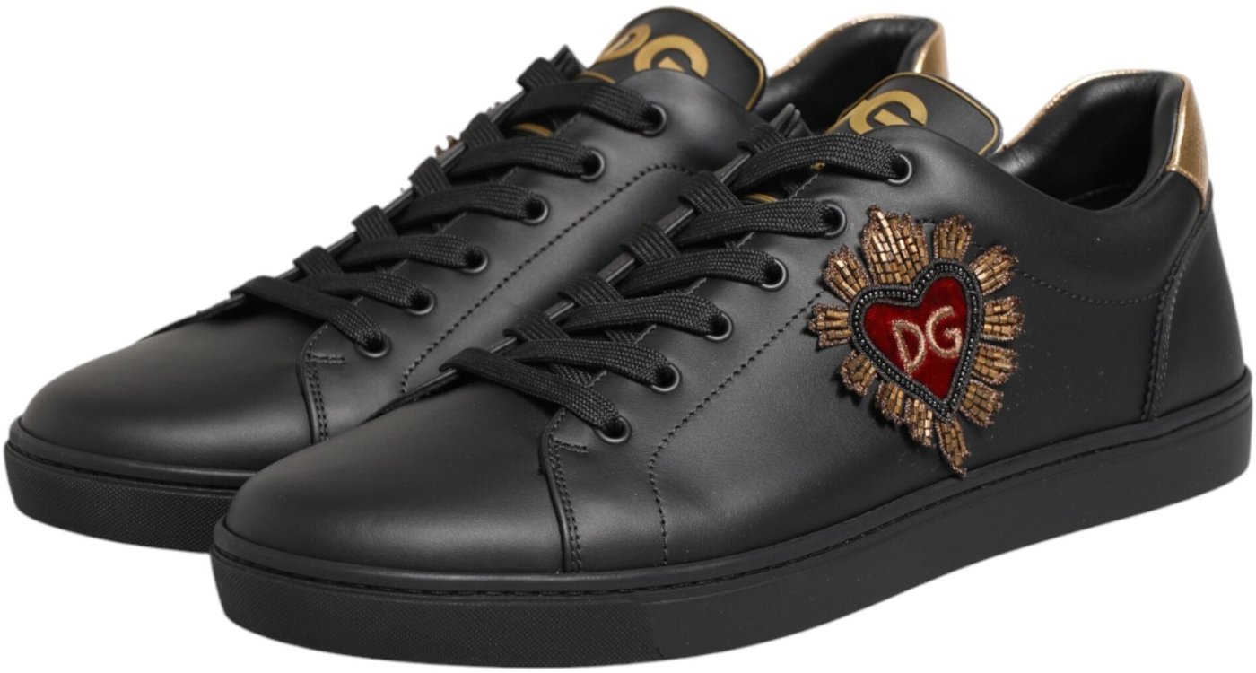 Dolce & Gabbana Black Leather Heart Embellished Sneakers Shoes