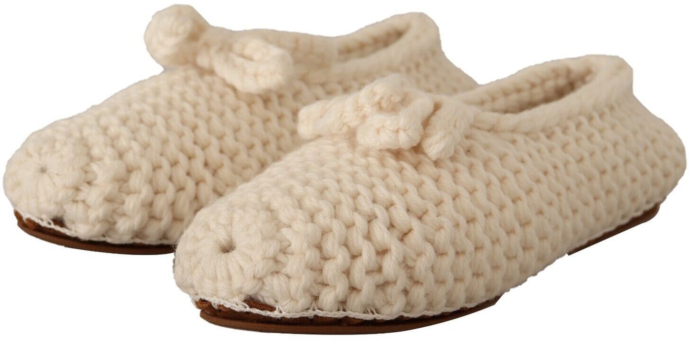 Dolce & Gabbana White Slip On Ballerina Flats Wool Knit Shoes