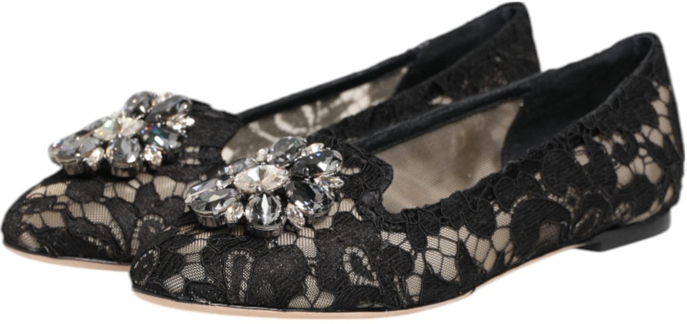 Dolce & Gabbana Black Taormina Lace Crystals Flats Shoes