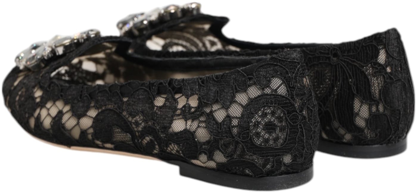 Dolce & Gabbana Black Taormina Lace Crystals Flats Shoes