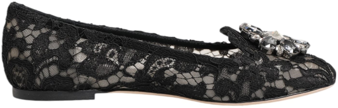 Dolce & Gabbana Black Taormina Lace Crystals Flats Shoes