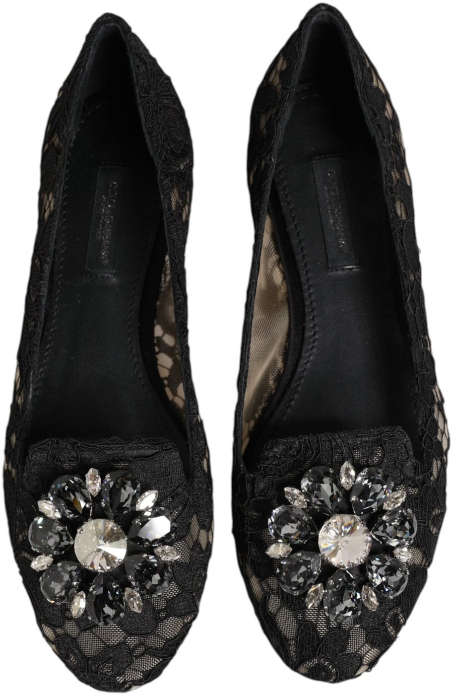 Dolce & Gabbana Black Taormina Lace Crystals Flats Shoes