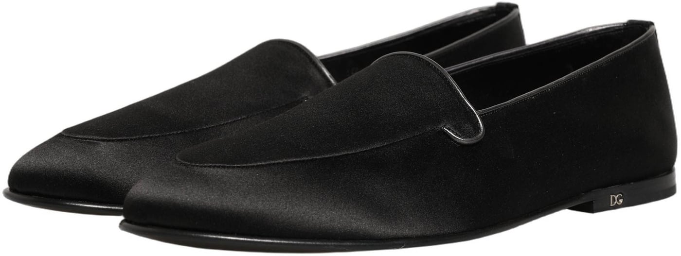 Dolce & Gabbana Black Satin Logo Slip On Flats Loafers Shoes