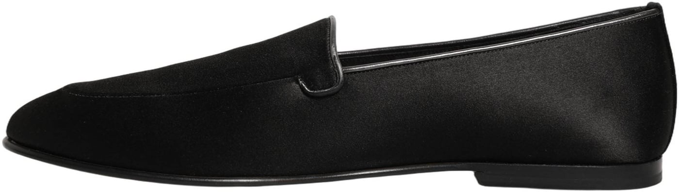 Dolce & Gabbana Black Satin Logo Slip On Flats Loafers Shoes