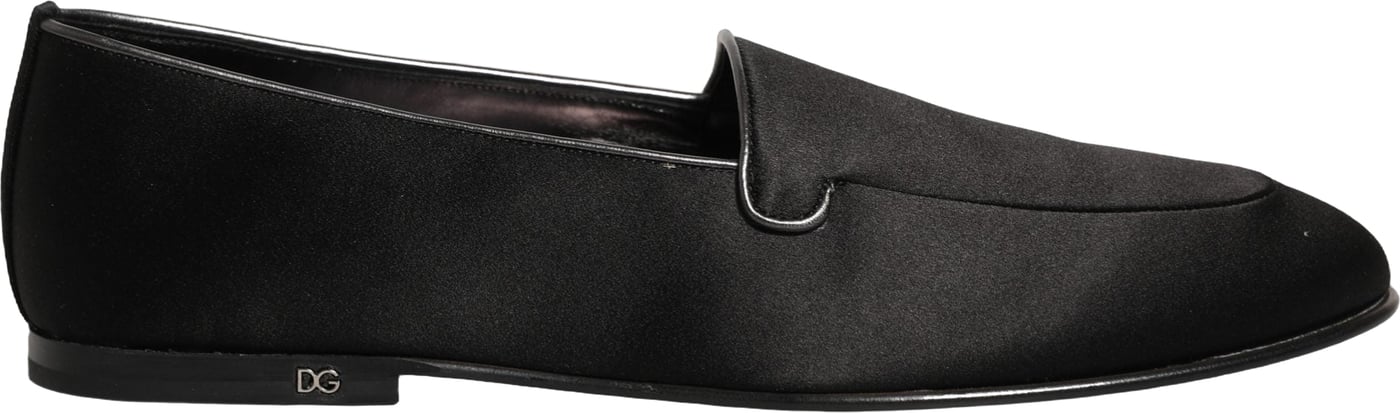Dolce & Gabbana Black Satin Logo Slip On Flats Loafers Shoes
