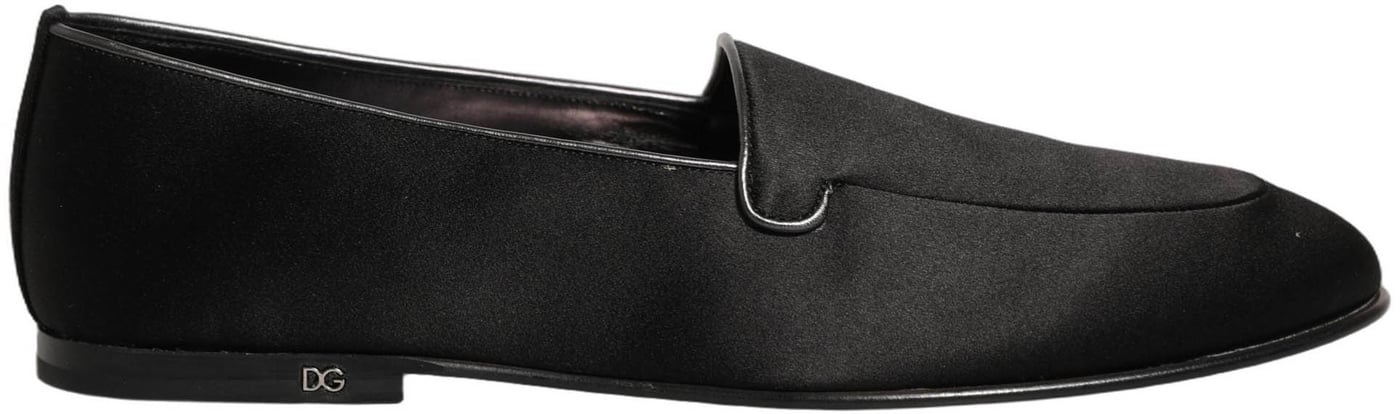 Dolce & Gabbana Black Satin Logo Slip On Flats Loafers Shoes