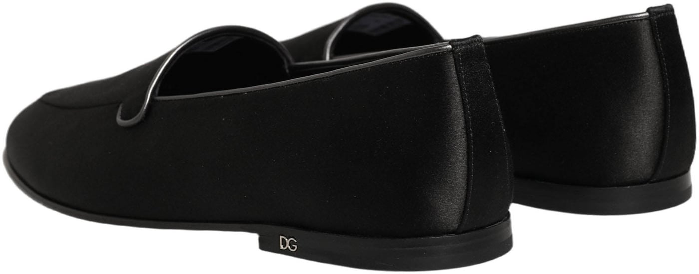 Dolce & Gabbana Black Satin Logo Slip On Flats Loafers Shoes