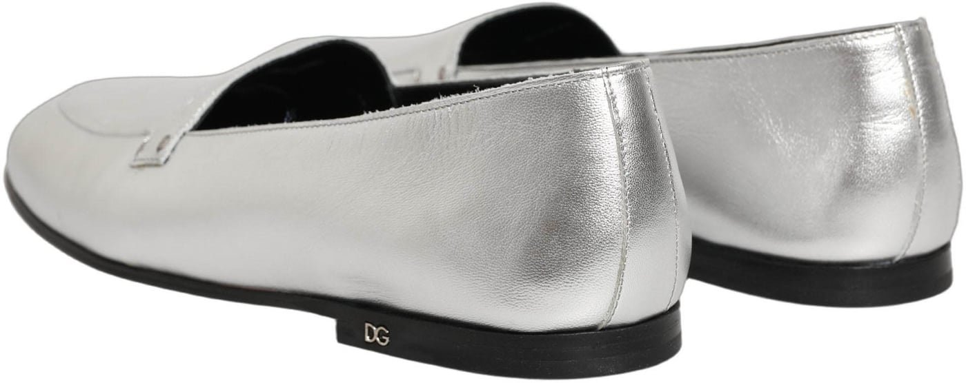 Dolce & Gabbana Silver Leather DG Logo Slip On Loafers Shoes