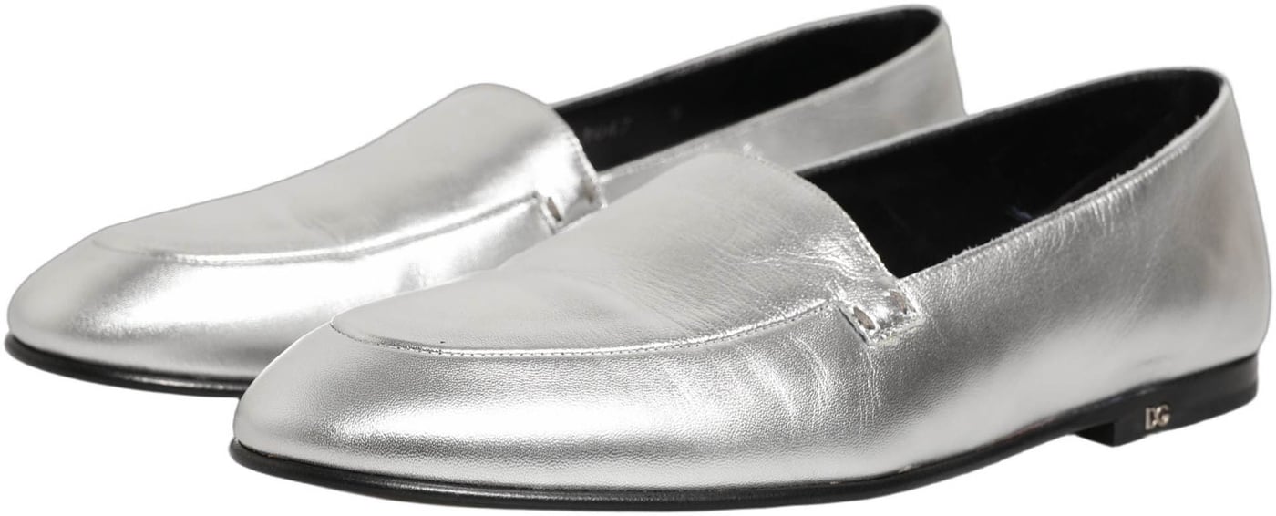 Dolce & Gabbana Silver Leather DG Logo Slip On Loafers Shoes