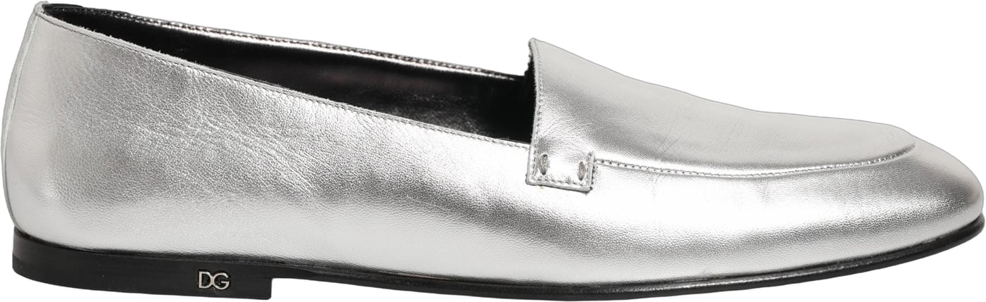 Dolce & Gabbana Silver Leather DG Logo Slip On Loafers Shoes