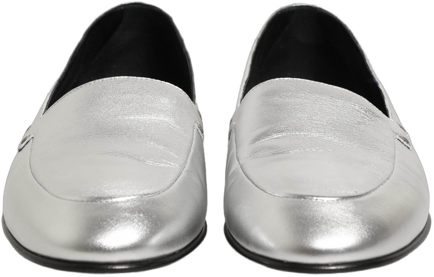 Dolce & Gabbana Silver Leather DG Logo Slip On Loafers Shoes
