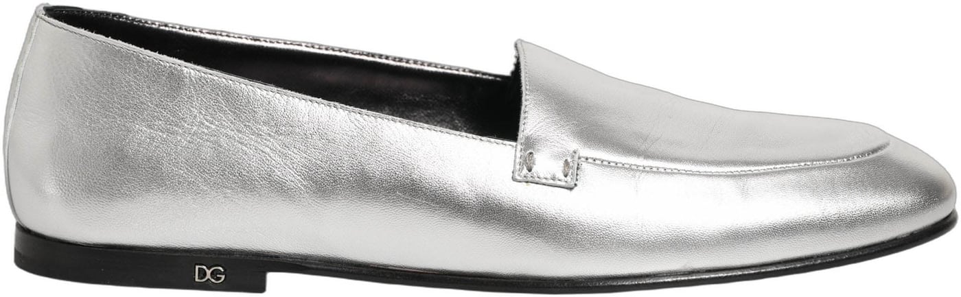 Dolce & Gabbana Silver Leather DG Logo Slip On Loafers Shoes