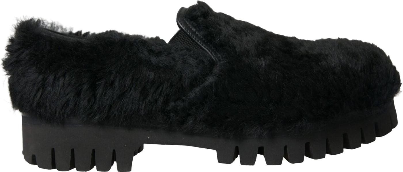 Dolce & Gabbana Black Fur Leather Slippers Dress Shoes