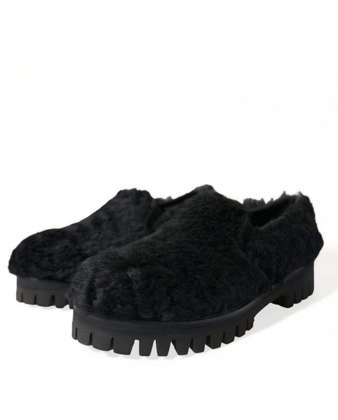 Dolce & Gabbana Black Fur Leather Slippers Dress Shoes