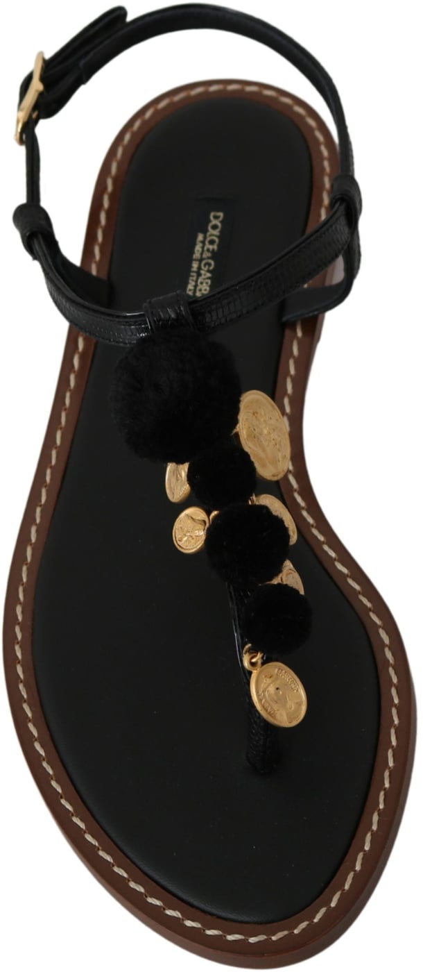 Dolce & Gabbana Black Leather Coins Flip Flops Sandals Shoes