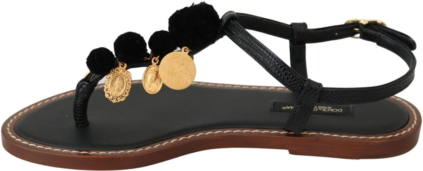 Dolce & Gabbana Black Leather Coins Flip Flops Sandals Shoes