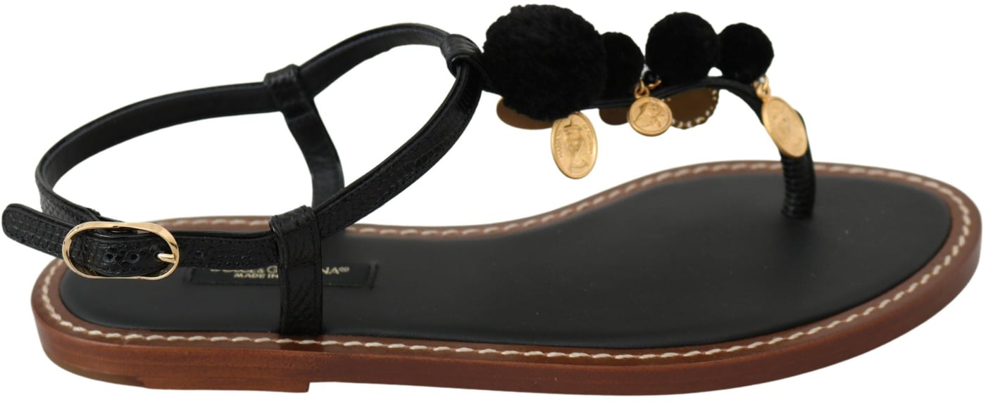 Dolce & Gabbana Black Leather Coins Flip Flops Sandals Shoes