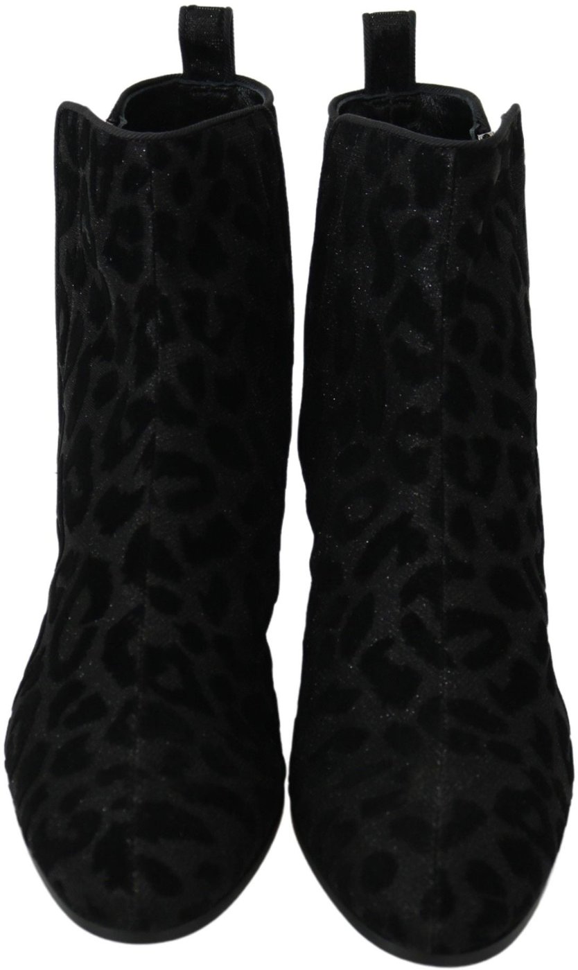 Dolce & Gabbana Black Leopard Short Boots Zipper Shoes