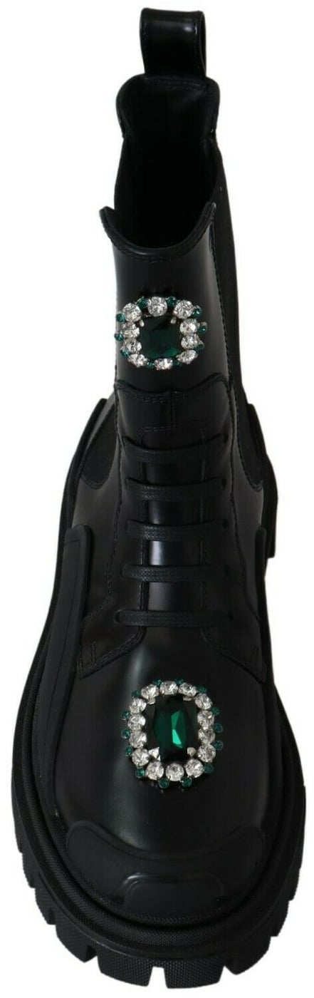 Dolce & Gabbana Black Leather Crystal Combat Boots