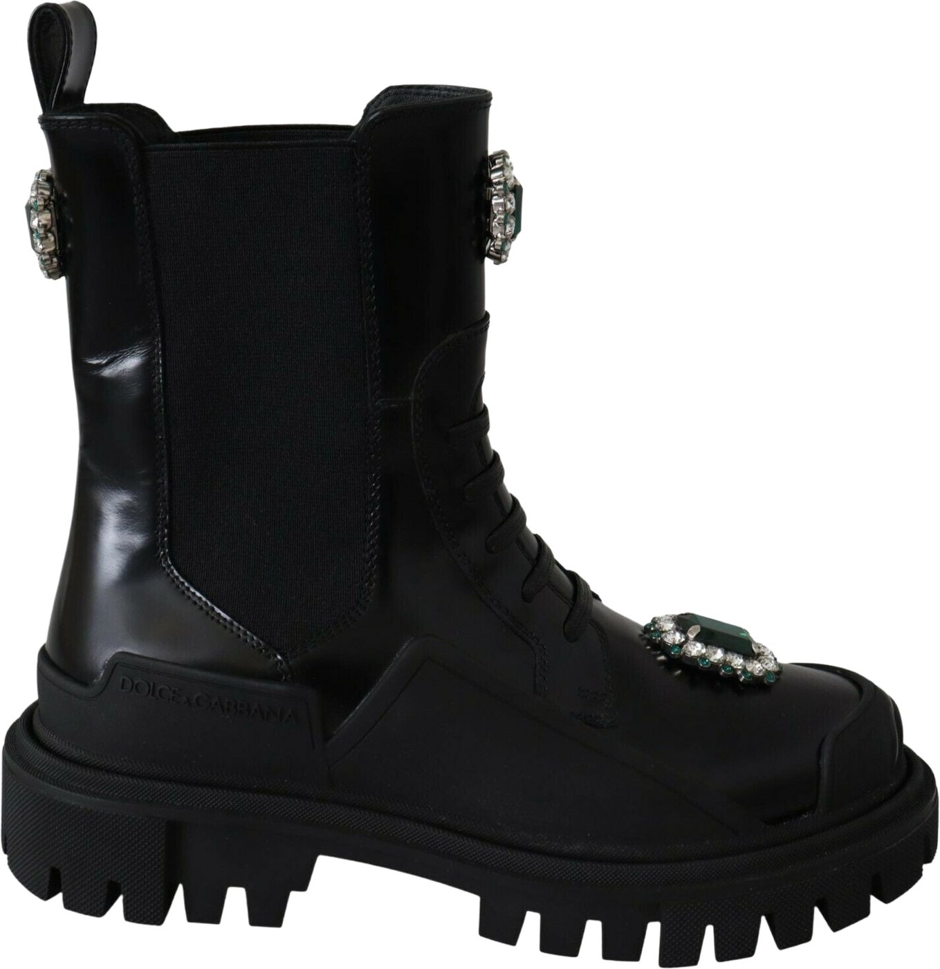 Dolce & Gabbana Black Leather Crystal Combat Boots